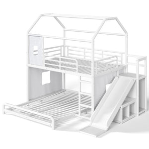 English Elm Full Over Playhouse Metal Bunk Bed with Slide LED Strip and Movable Storage Cabinet White W5305S00166