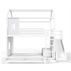 English Elm Full Over Playhouse Metal Bunk Bed with Slide LED Strip and Movable Storage Cabinet White W5305S00166