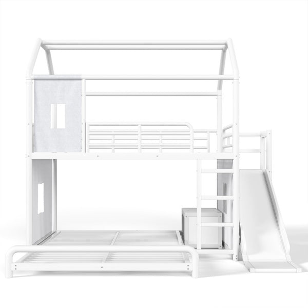English Elm Full Over Playhouse Metal Bunk Bed with Slide LED Strip and Movable Storage Cabinet White W5305S00166