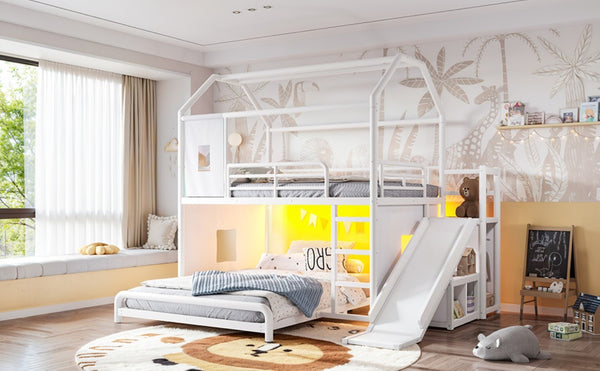 English Elm Full Over Playhouse Metal Bunk Bed with Slide LED Strip and Movable Storage Cabinet White W5305S00166