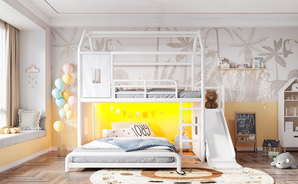 English Elm Full Over Playhouse Metal Bunk Bed with Slide LED Strip and Movable Storage Cabinet White W5305S00166
