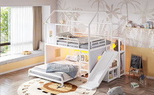 English Elm Full Over Playhouse Metal Bunk Bed with Slide LED Strip and Movable Storage Cabinet White W5305S00166