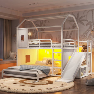 English Elm Full Over Playhouse Metal Bunk Bed with Slide LED Strip and Movable Storage Cabinet White W5305S00166