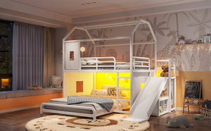 English Elm Full Over Playhouse Metal Bunk Bed with Slide LED Strip and Movable Storage Cabinet White W5305S00166