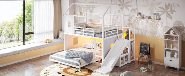 English Elm Full Over Playhouse Metal Bunk Bed with Slide LED Strip and Movable Storage Cabinet White W5305S00166