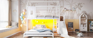 English Elm Full Over Playhouse Metal Bunk Bed with Slide LED Strip and Movable Storage Cabinet White W5305S00166