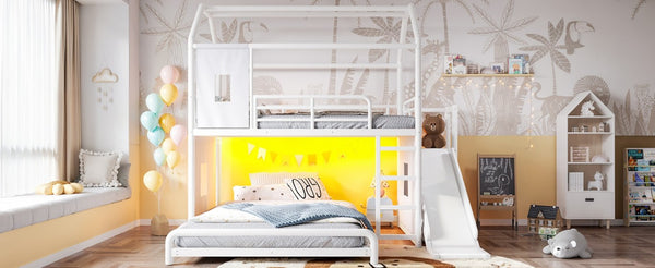 English Elm Full Over Playhouse Metal Bunk Bed with Slide LED Strip and Movable Storage Cabinet White W5305S00166
