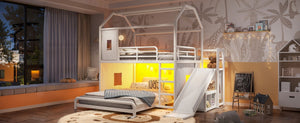 English Elm Full Over Playhouse Metal Bunk Bed with Slide LED Strip and Movable Storage Cabinet White W5305S00166