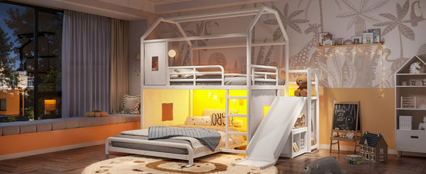 English Elm Full Over Playhouse Metal Bunk Bed with Slide LED Strip and Movable Storage Cabinet White W5305S00166