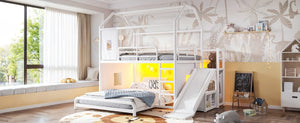 English Elm Full Over Playhouse Metal Bunk Bed with Slide LED Strip and Movable Storage Cabinet White W5305S00166