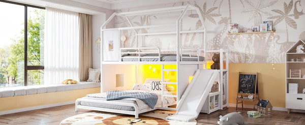English Elm Full Over Playhouse Metal Bunk Bed with Slide LED Strip and Movable Storage Cabinet White W5305S00166