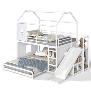 English Elm Full Over Playhouse Metal Bunk Bed with Slide LED Strip and Movable Storage Cabinet White W5305S00166