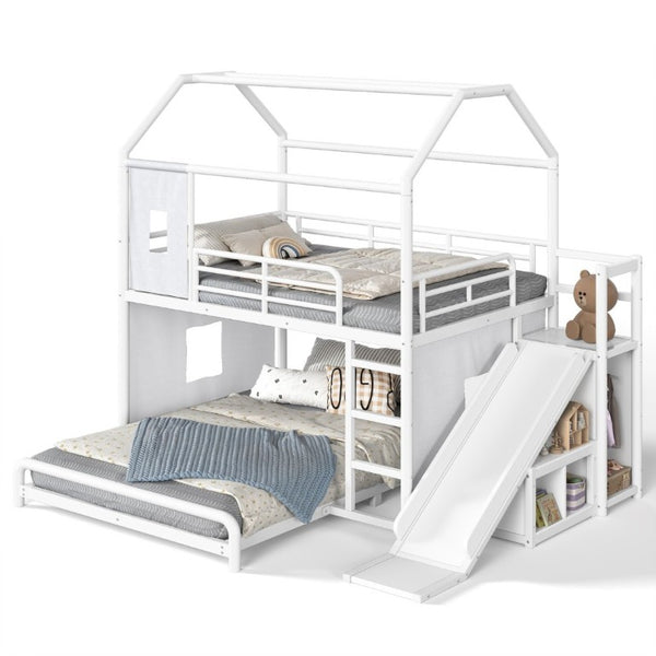 English Elm Full Over Playhouse Metal Bunk Bed with Slide LED Strip and Movable Storage Cabinet White W5305S00166