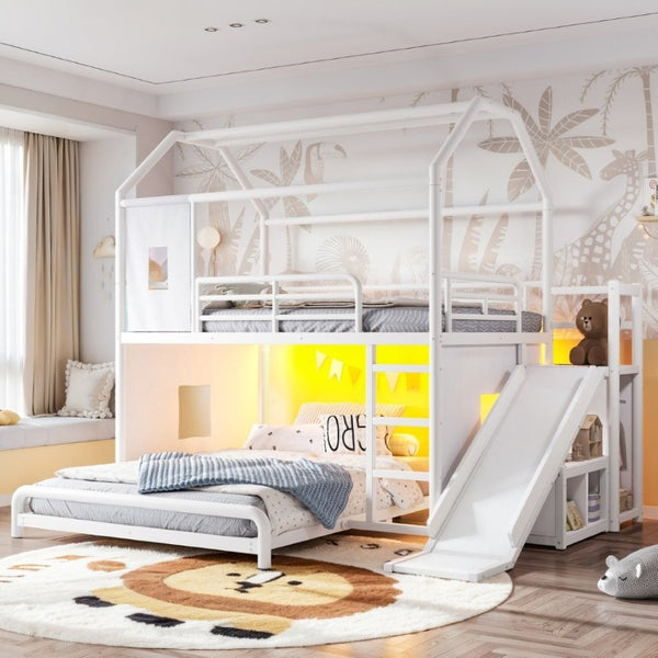English Elm Full Over Playhouse Metal Bunk Bed with Slide LED Strip and Movable Storage Cabinet White W5305S00166