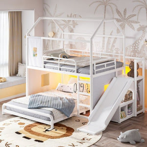 English Elm Full Over Playhouse Metal Bunk Bed with Slide LED Strip and Movable Storage Cabinet White W5305S00166