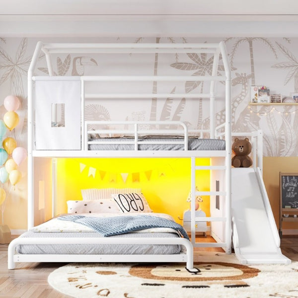 English Elm Full Over Playhouse Metal Bunk Bed with Slide LED Strip and Movable Storage Cabinet White W5305S00166