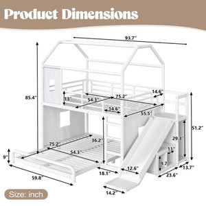 English Elm Full Over Playhouse Metal Bunk Bed with Slide LED Strip and Movable Storage Cabinet White W5305S00166