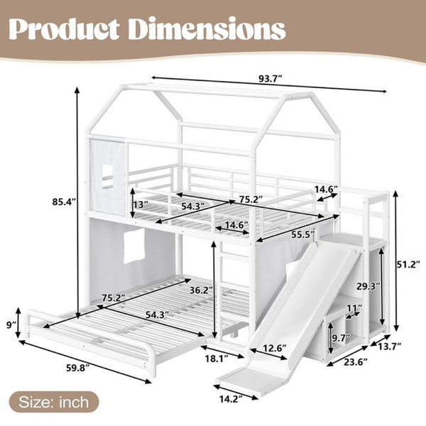 English Elm Full Over Playhouse Metal Bunk Bed with Slide LED Strip and Movable Storage Cabinet White W5305S00166