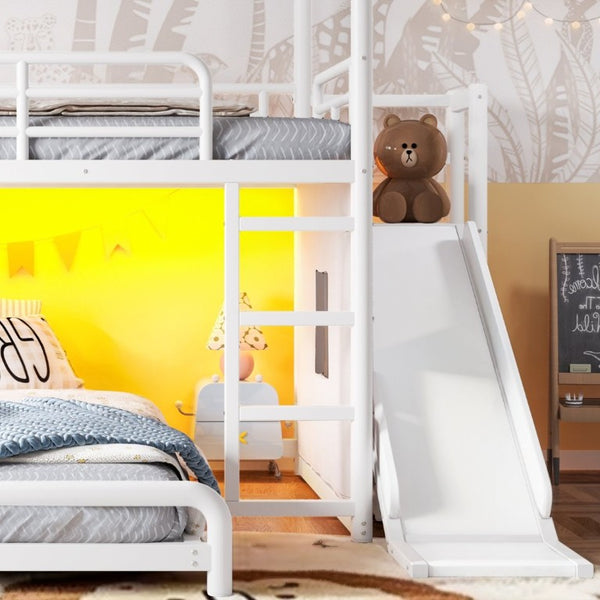 English Elm Full Over Playhouse Metal Bunk Bed with Slide LED Strip and Movable Storage Cabinet White W5305S00166