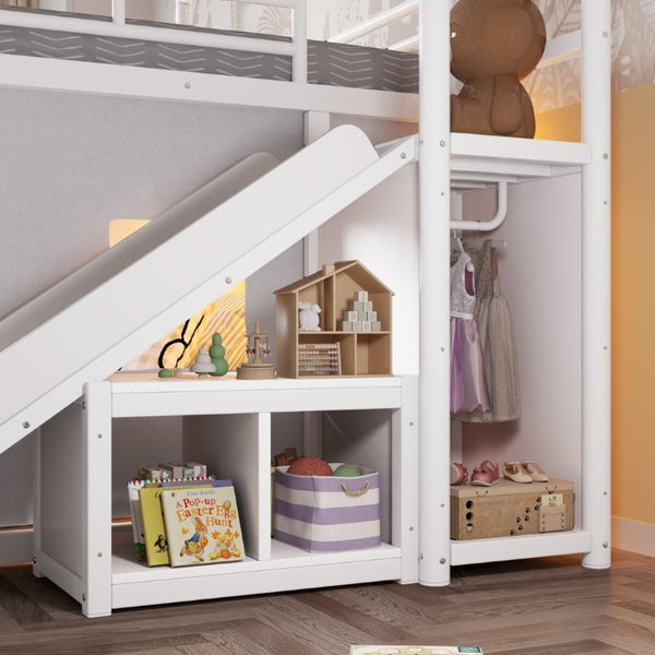 English Elm Full Over Playhouse Metal Bunk Bed with Slide LED Strip and Movable Storage Cabinet White W5305S00166