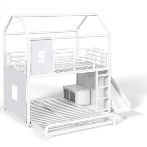 English Elm Full Over Playhouse Metal Bunk Bed with Slide LED Strip and Movable Storage Cabinet White W5305S00166