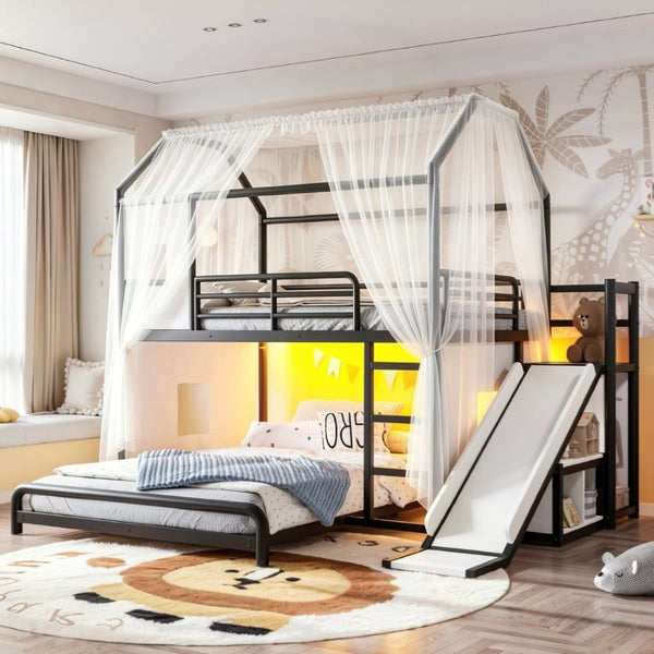 English Elm Full Over Playhouse Metal Bunk Bed with Slide LED Strip and Movable Storage Cabinet Black W5305S00167