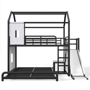 English Elm Full Over Playhouse Metal Bunk Bed with Slide LED Strip and Movable Storage Cabinet Black W5305S00167