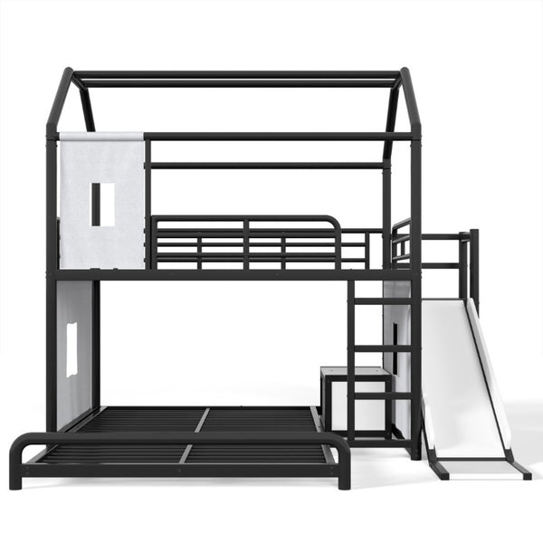 English Elm Full Over Playhouse Metal Bunk Bed with Slide LED Strip and Movable Storage Cabinet Black W5305S00167