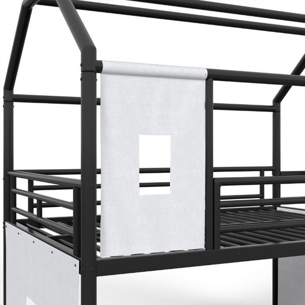 English Elm Full Over Playhouse Metal Bunk Bed with Slide LED Strip and Movable Storage Cabinet Black W5305S00167