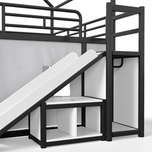 English Elm Full Over Playhouse Metal Bunk Bed with Slide LED Strip and Movable Storage Cabinet Black W5305S00167