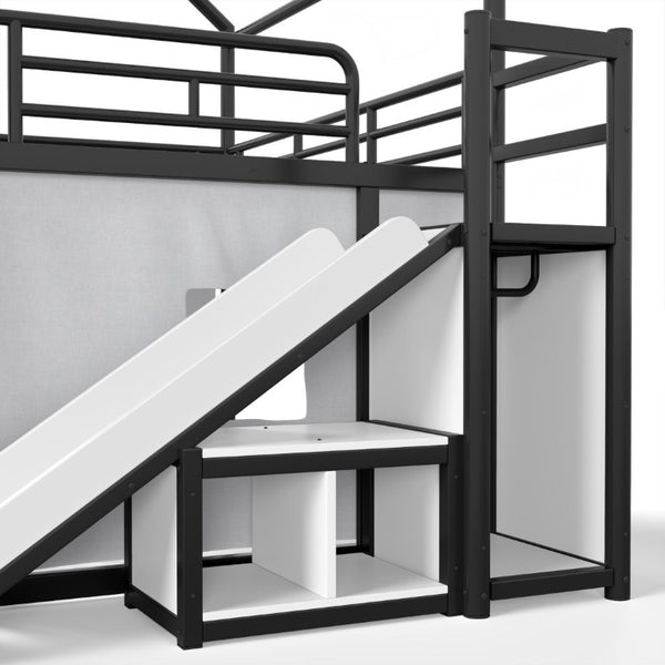 English Elm Full Over Playhouse Metal Bunk Bed with Slide LED Strip and Movable Storage Cabinet Black W5305S00167
