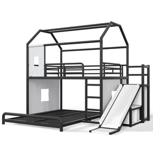 English Elm Full Over Playhouse Metal Bunk Bed with Slide LED Strip and Movable Storage Cabinet Black W5305S00167