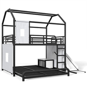 English Elm Full Over Playhouse Metal Bunk Bed with Slide LED Strip and Movable Storage Cabinet Black W5305S00167