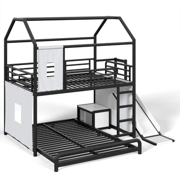 English Elm Full Over Playhouse Metal Bunk Bed with Slide LED Strip and Movable Storage Cabinet Black W5305S00167
