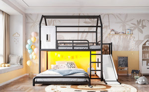 English Elm Full Over Playhouse Metal Bunk Bed with Slide LED Strip and Movable Storage Cabinet Black W5305S00167