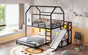 English Elm Full Over Playhouse Metal Bunk Bed with Slide LED Strip and Movable Storage Cabinet Black W5305S00167