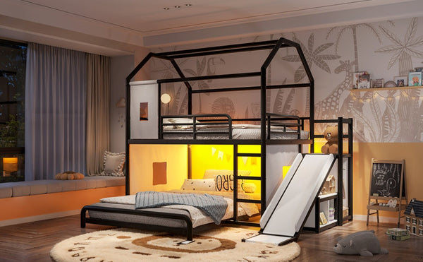 English Elm Full Over Playhouse Metal Bunk Bed with Slide LED Strip and Movable Storage Cabinet Black W5305S00167