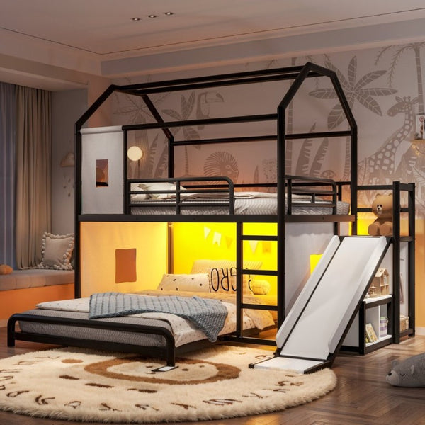 English Elm Full Over Playhouse Metal Bunk Bed with Slide LED Strip and Movable Storage Cabinet Black W5305S00167