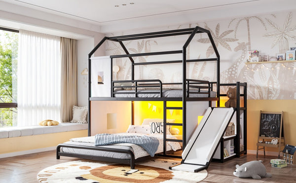 English Elm Full Over Playhouse Metal Bunk Bed with Slide LED Strip and Movable Storage Cabinet Black W5305S00167