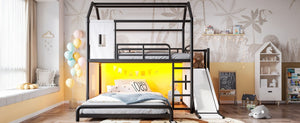 English Elm Full Over Playhouse Metal Bunk Bed with Slide LED Strip and Movable Storage Cabinet Black W5305S00167