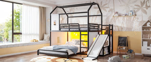 English Elm Full Over Playhouse Metal Bunk Bed with Slide LED Strip and Movable Storage Cabinet Black W5305S00167