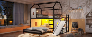 English Elm Full Over Playhouse Metal Bunk Bed with Slide LED Strip and Movable Storage Cabinet Black W5305S00167