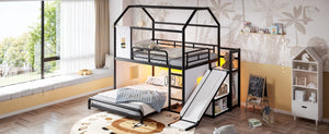 English Elm Full Over Playhouse Metal Bunk Bed with Slide LED Strip and Movable Storage Cabinet Black W5305S00167