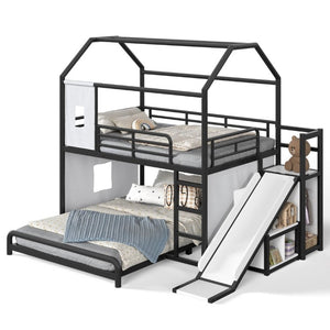 English Elm Full Over Playhouse Metal Bunk Bed with Slide LED Strip and Movable Storage Cabinet Black W5305S00167