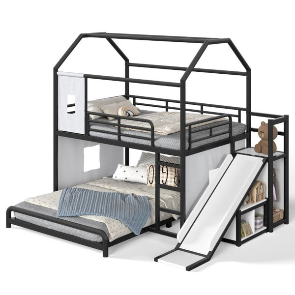 English Elm Full Over Playhouse Metal Bunk Bed with Slide LED Strip and Movable Storage Cabinet Black W5305S00167