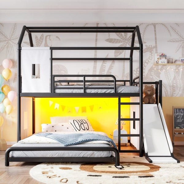 English Elm Full Over Playhouse Metal Bunk Bed with Slide LED Strip and Movable Storage Cabinet Black W5305S00167