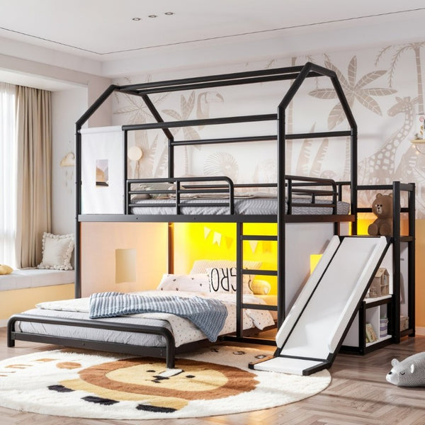 English Elm Full Over Playhouse Metal Bunk Bed with Slide LED Strip and Movable Storage Cabinet Black W5305S00167