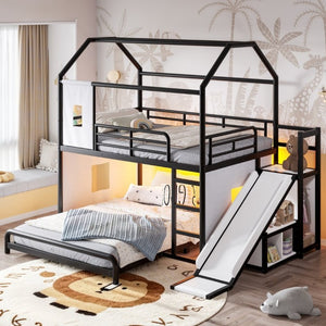 English Elm Full Over Playhouse Metal Bunk Bed with Slide LED Strip and Movable Storage Cabinet Black W5305S00167