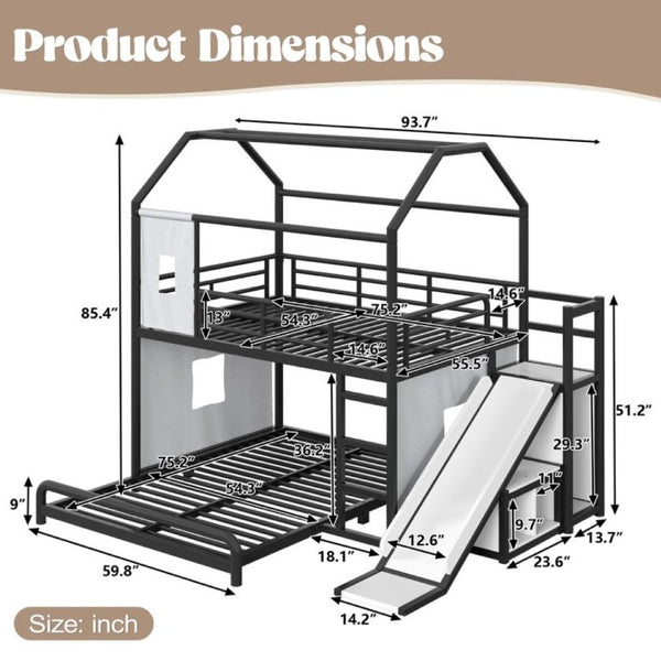 English Elm Full Over Playhouse Metal Bunk Bed with Slide LED Strip and Movable Storage Cabinet Black W5305S00167