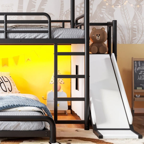 English Elm Full Over Playhouse Metal Bunk Bed with Slide LED Strip and Movable Storage Cabinet Black W5305S00167